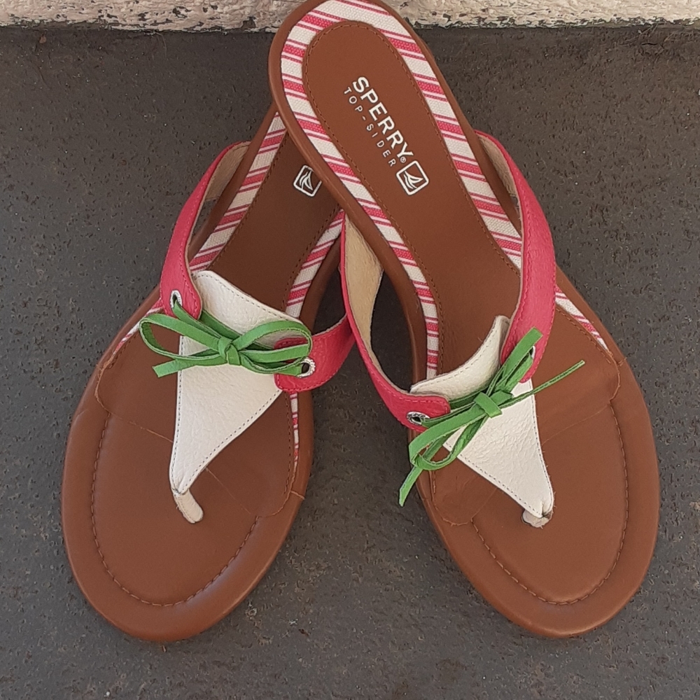 Sperry sandals 2 inch heel white , pink and green
